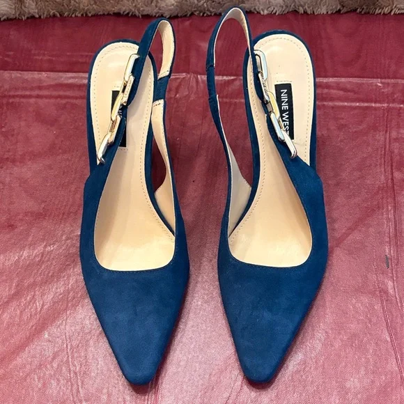 Nine West Teal Blue Suede Slingback Pointed-Toe Pumps - Picture 1 of 7